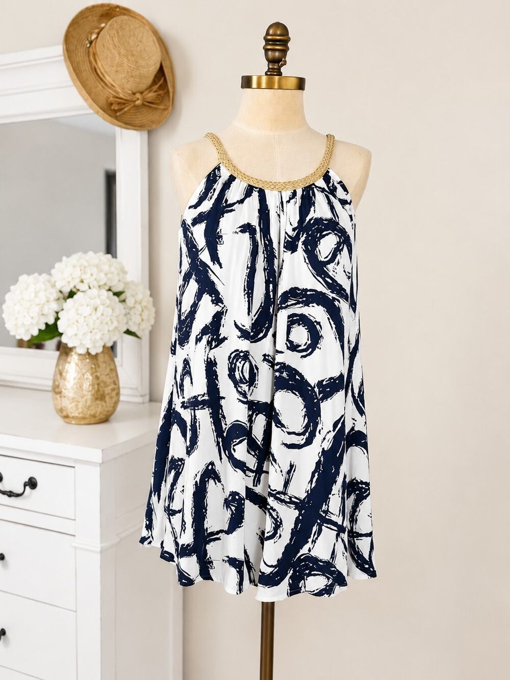 Nina Leonard Women's Medium Blue White Abstract Dress Gold Trim Rayon Sleeveless